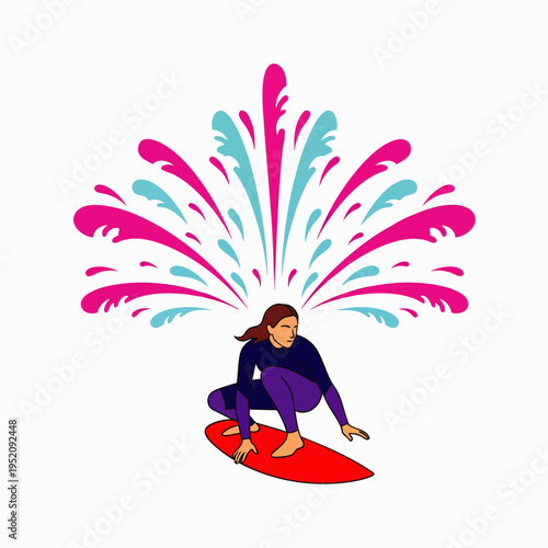 Energetic surfer girl riding a red surfboard with colorful water splashes erupting behind her against a white background