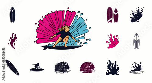 Surfer Girl Riding Wave with Splash and Surfboards Collection, Vector Illustration