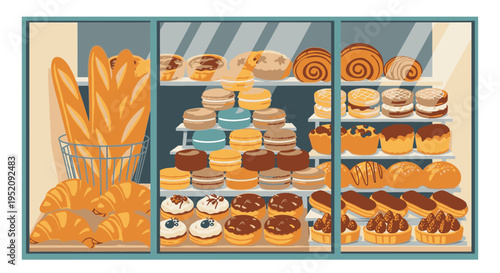 Illustration of assorted baked goods on display in a bakery case with pastries and bread.