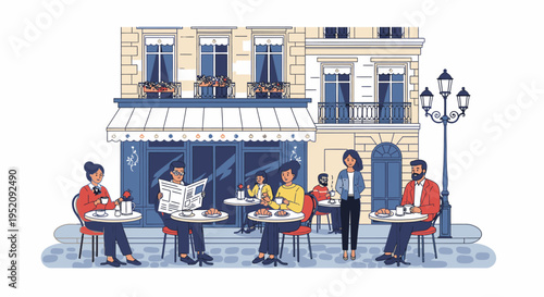 Illustration of people sitting and standing at outdoor cafe tables in front of a classic European-style building with a street lamp on a sidewalk.