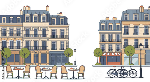 Illustration of a Parisian street scene with cafe tables and chairs in front of buildings and a bicycle parked on the sidewalk.