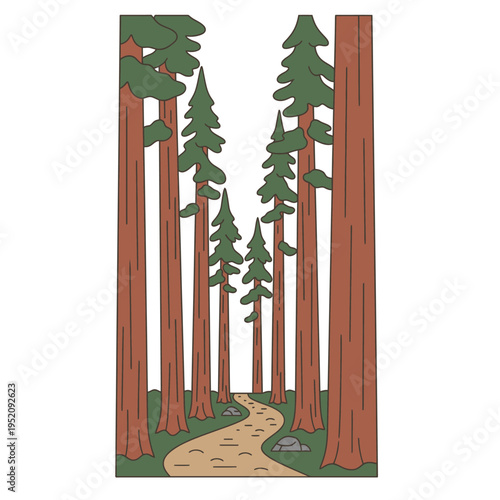 A picturesque forest path winding through tall, majestic redwood trees, evoking a sense of nature's grandeur and serene wilderness
