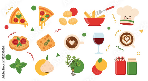 A vibrant collection of Italian food and drink illustrations, featuring pizza, pasta, coffee, wine, and fresh ingredients, presented in a playful, cartoonish style.