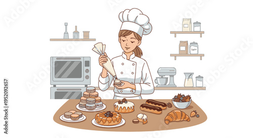 Illustration of a female chef decorating a cake with various pastries and baking equipment in a kitchen.