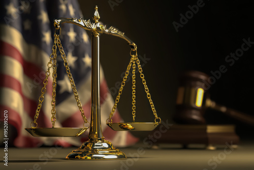 Close-up of golden scales with a blurred American flag and gavel, symbolizing US law, justice, courts, and legal balance.