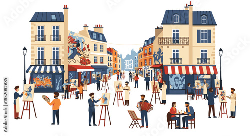 Illustration of artists painting on easels in a lively European town square with buildings and cafes, conveying a creative and cultural vibe.