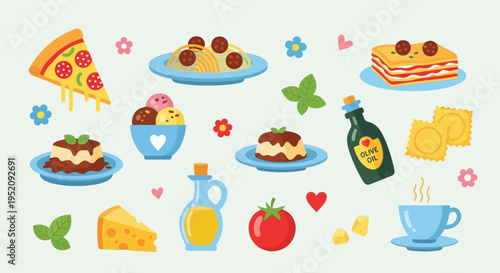 A vibrant and colorful collection of Italian food illustrations, featuring pizza, pasta, lasagna, ravioli, gelato, tiramisu, olive oil, cheese, and tomatoes, perfect for culinary themes.