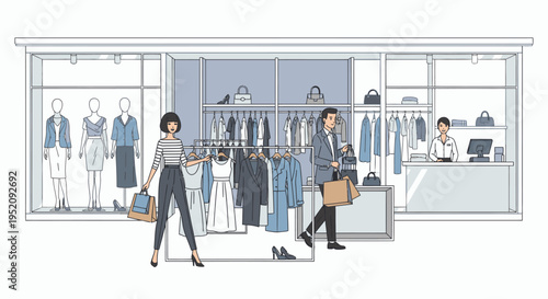 Illustration of a man and woman walking past a clothing store with mannequins and racks of clothes in the window display.