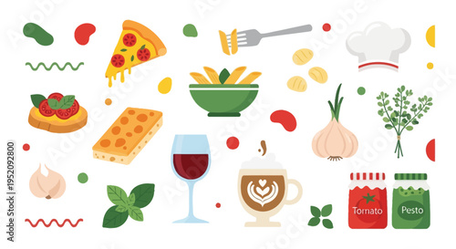A vibrant collection of Italian food and drink elements, including pizza, pasta, wine, coffee, and fresh ingredients.