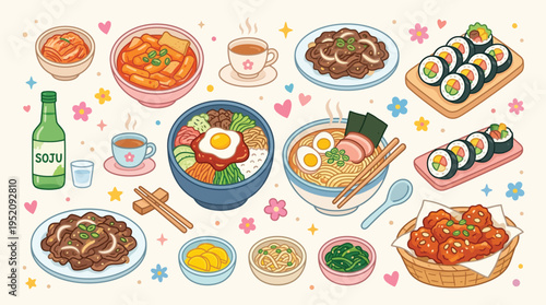 A vibrant and colorful illustration showcasing a delightful assortment of popular Korean dishes and beverages, presented in a charming, flat design style.