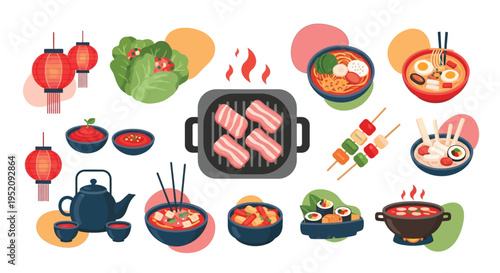 A vibrant collection of Korean food and cultural elements, including BBQ, ramen, kimchi, sushi, and lanterns, presented in a flat design style.
