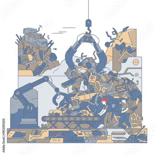 Robotic Arm Gripping Industrial Scrap Metal Pile.