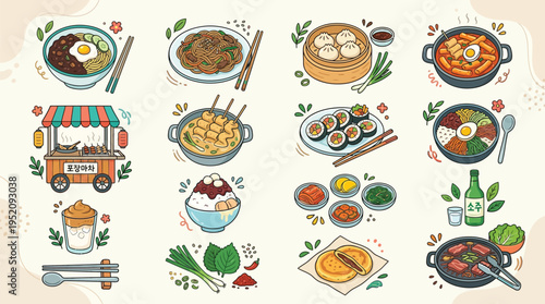 A vibrant collection of delicious Korean food illustrations, showcasing popular dishes and street food.