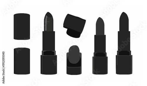Decorative black lipstick vector set with open and closed cosmetic product isolated on white background