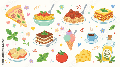 A delightful collection of Italian food illustrations, featuring pizza, pasta, tiramisu, gelato, and more, set against a whimsical background with floral accents.