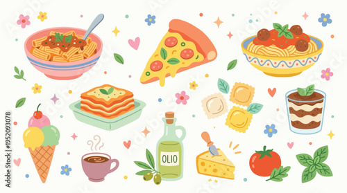 A vibrant and charming collection of Italian food illustrations, featuring pasta, pizza, ice cream, coffee, and more, set against a whimsical background.