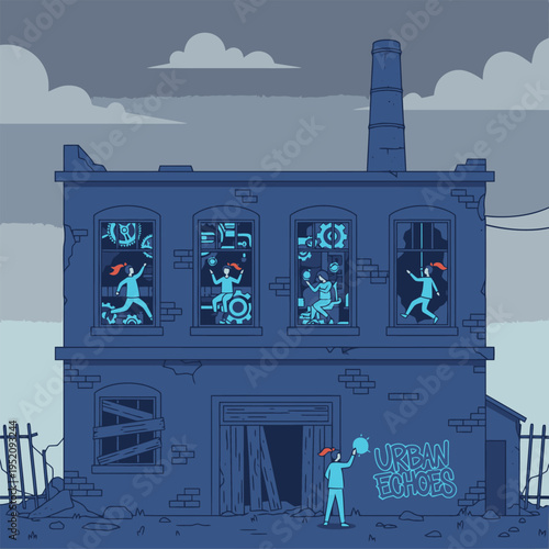 Robots and people working inside an old factory building.