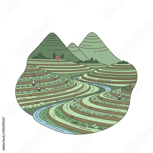 A serene illustration of terraced rice paddies in a mountainous landscape, with a winding river and farmers tending the crops, evoking a sense of traditional agricultural life and natural beauty