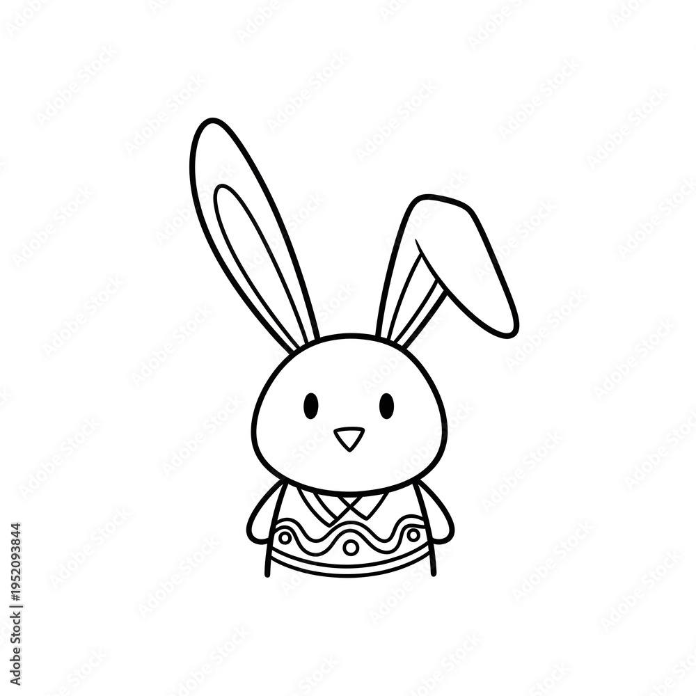 Fototapeta premium Simple black and white line art illustration of a cute cartoon rabbit wearing a patterned vest, standing facing forward.