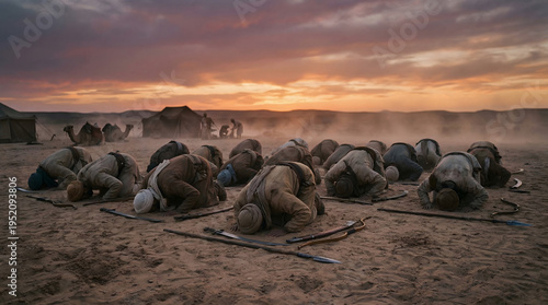 Historical group of Middle Eastern warriors in traditional attire performing sujud prayer in a desert camp during a golden sunset.
