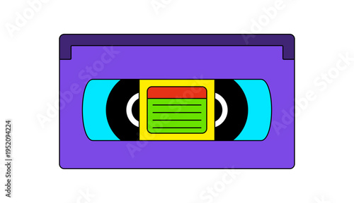 Retro y2k vhs cassette symbol in bold purple and yellow, flat style. Vintage tape player and trendy audio icon, classic 90s object with nostalgic feel, perfect for pop culture aesthetic themes.