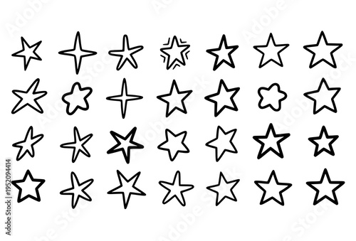Hand drawn doodle star collection vector set with unique sketch shapes isolated on white background