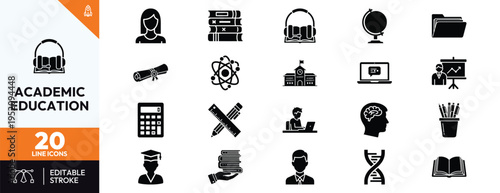 Academic Education Line Icons Set for Learning and Teaching Materials