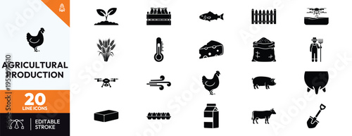 Agricultural Production Icons Set, Farming Symbols, Editable Stroke