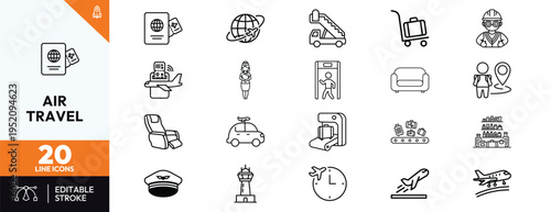 Air travel line icons set for web design, presentation, and marketing materials