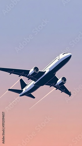 Stylized illustration of a modern passenger jet soaring through a vibrant pastel colored gradient sky
