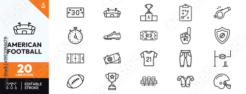 American Football Icon Set, Editable Stroke, Sports Line Icons
