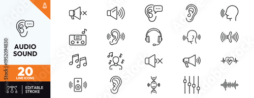Audio sound line icons set for music, voice, and communication design
