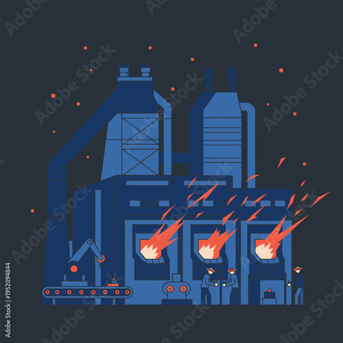 Industrial Factory with Fiery Furnaces Emitting Smoke.