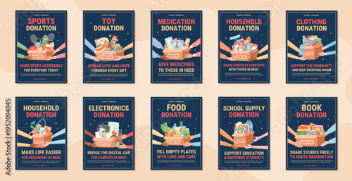 Colorful set of charity donate box banner with flat style and dark blue background. Support people with gift box and care message as community share symbol help poster for donation social print