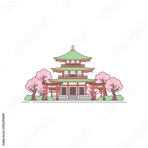 Traditional Japanese Temple with Cherry Blossoms and Torii Gates - Serene Architectural Illustration