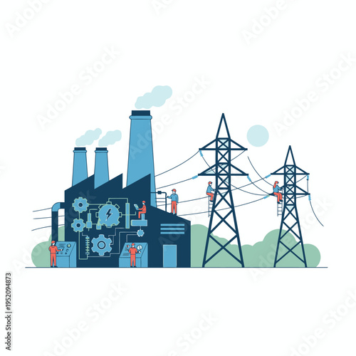 Industrial Power Plant and Electricity Transmission Towers.
