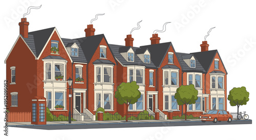 Illustration of a row of traditional British townhouses with red brick and white trim, black slate roofs, and smoke rising from chimneys, set against a plain white background.