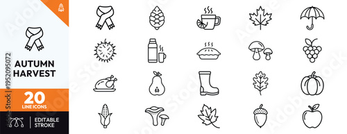Autumn Harvest Editable Line Icons Set for Fall Seasonal Design