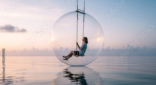 Surreal Image of a Woman Sitting on a Wooden Swing Inside a Giant Transparent Glass Sphere Floating Over Calm Ocean Water During a Soft Pink Sunset, Peaceful Meditation and Isolation Concept