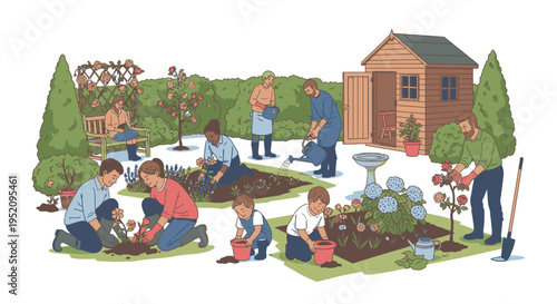 Illustration of a diverse group of people gardening and socializing in a community garden with a shed and various plants.