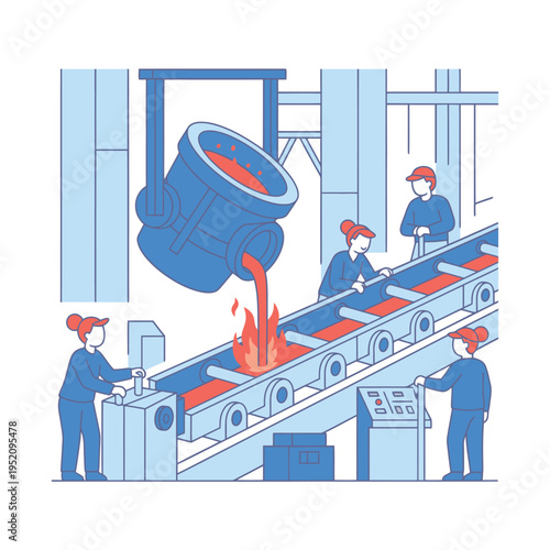 Industrial Foundry Process with Molten Metal Pouring.