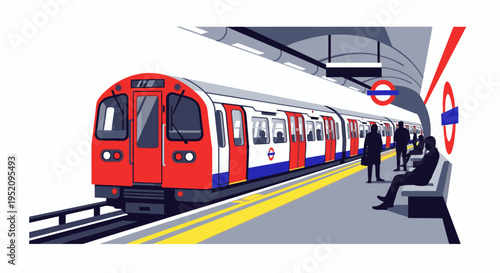 Illustration of a red and white London Tube train at a station with passengers and a round sign on the wall.