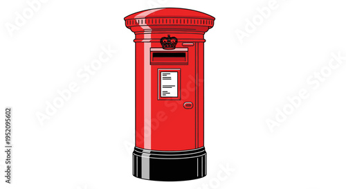 Red traditional British mailbox with a crown emblem on a white background.
