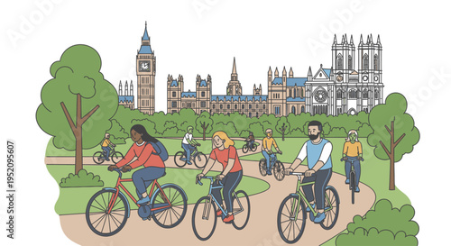 Illustration of people riding bicycles on a path with trees and buildings in the background.