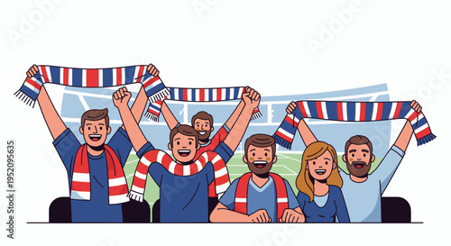 Illustration of a group of people cheering with scarves in a stadium, conveying a joyful mood with a colorful and lively atmosphere.