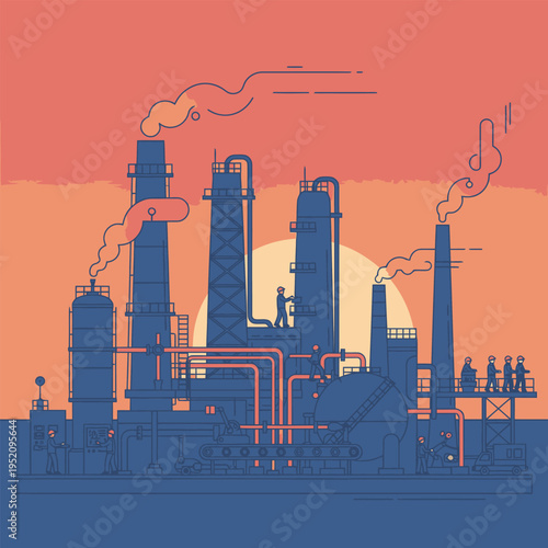 Industrial Refinery Complex Silhouette at Sunset.