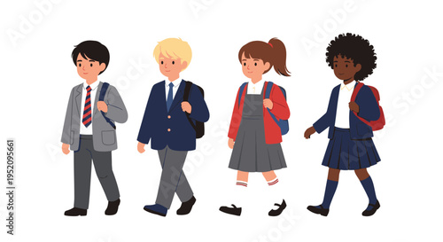 Illustration of four diverse children in school uniforms walking in a line on a white background.