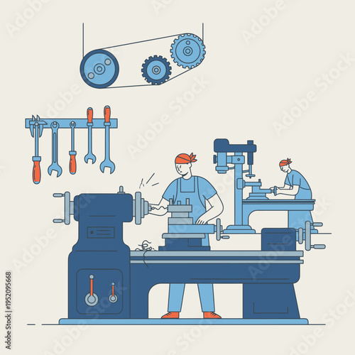 Mechanical workshop illustration showing two individuals working on lathes and machinery with tools