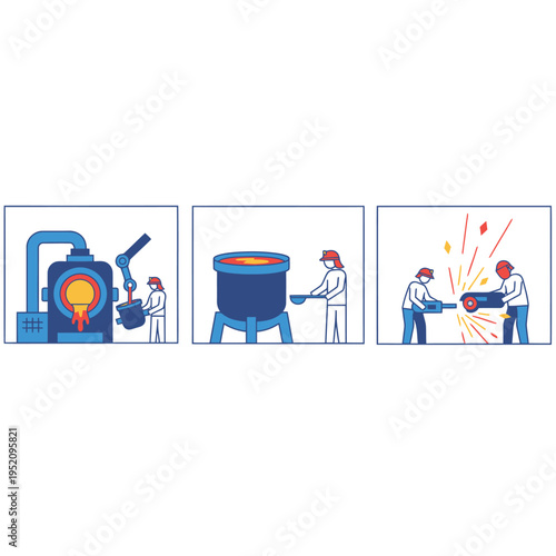 Industrial Metal Casting Process Stages Illustrated.