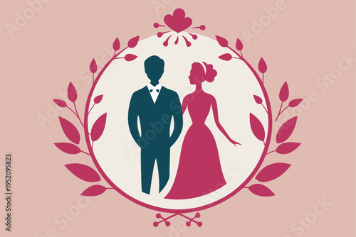 Schilderij op canvas Romantic Wedding Couple Silhouette with Decorative Floral Wreath Border Design